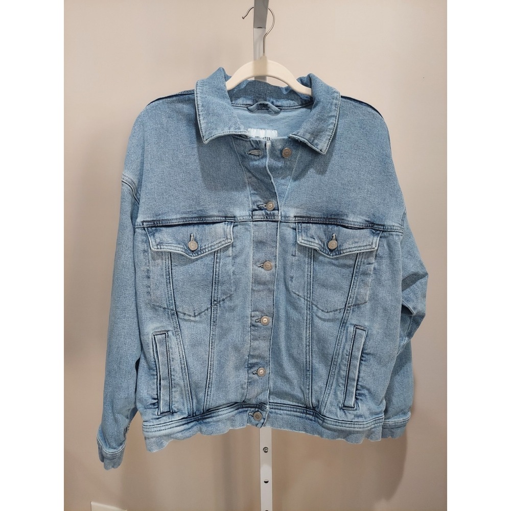 Hollister Light Wash Denim Jacket Oversized Embroidered Bow Blue Womens Medium